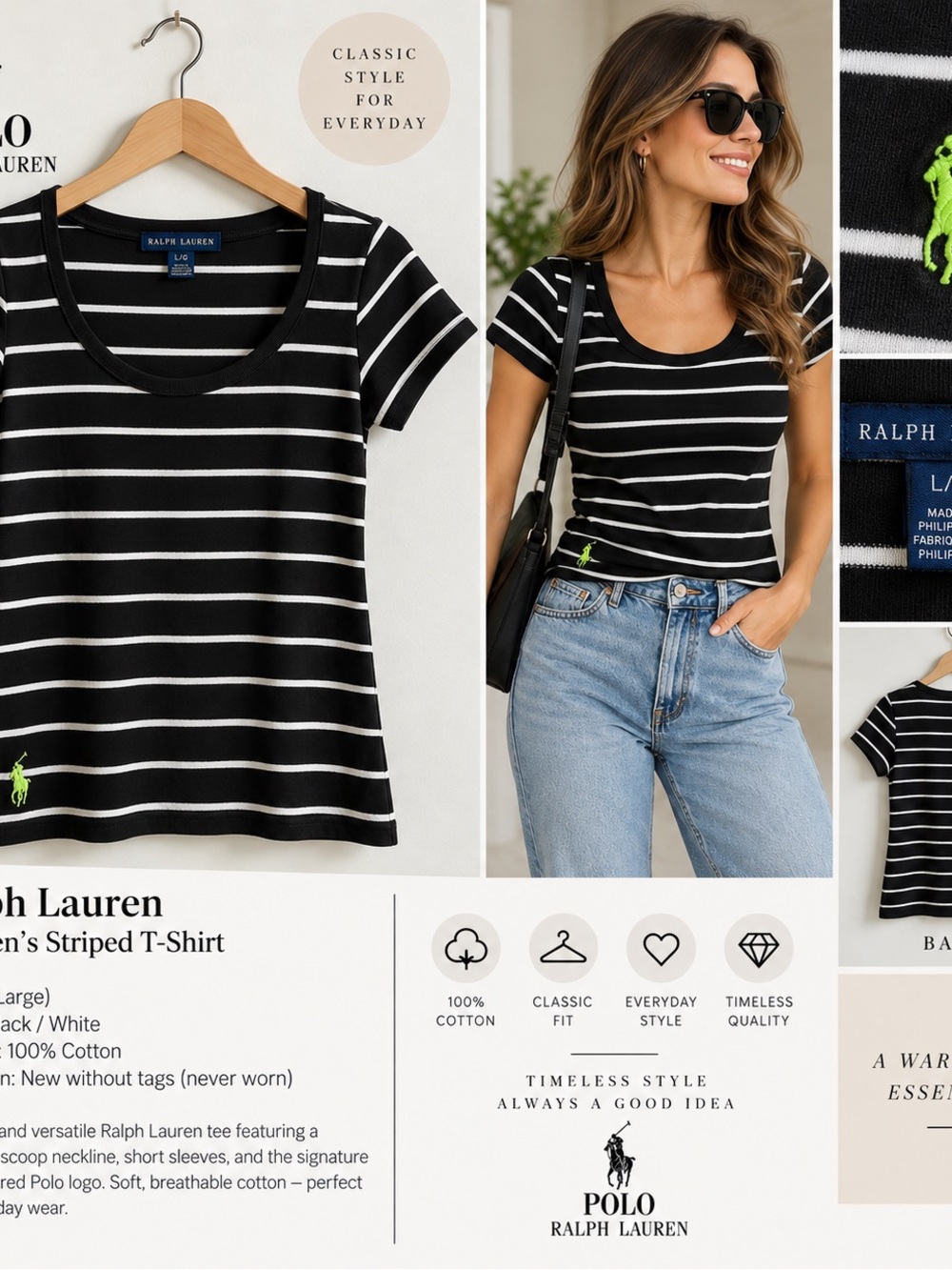 Ralph Lauren Black & White Striped Scoop Neck Tee with Green Pony